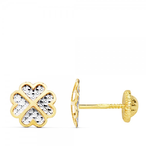 18K PENDIENTES TREBOL ORO BICOLOR 8X8...