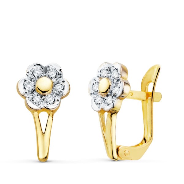 18K PENDIENTES ORO BICOLOR FLOR CON...