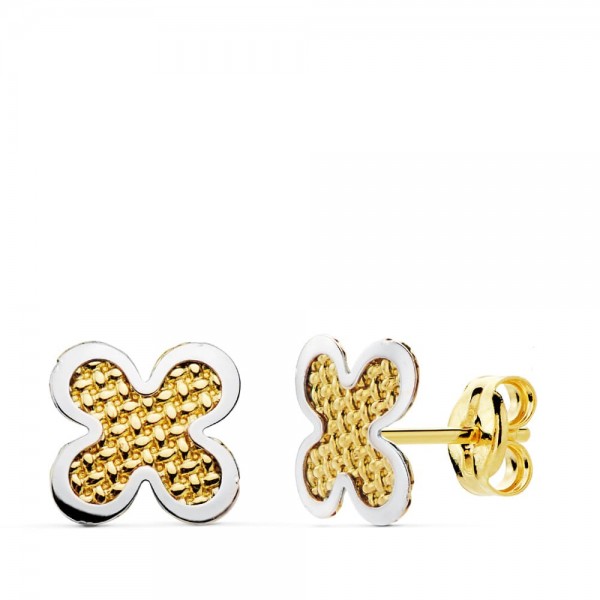 18K PENDIENTES ORO BICOLOR TREBOL 7X7 MM