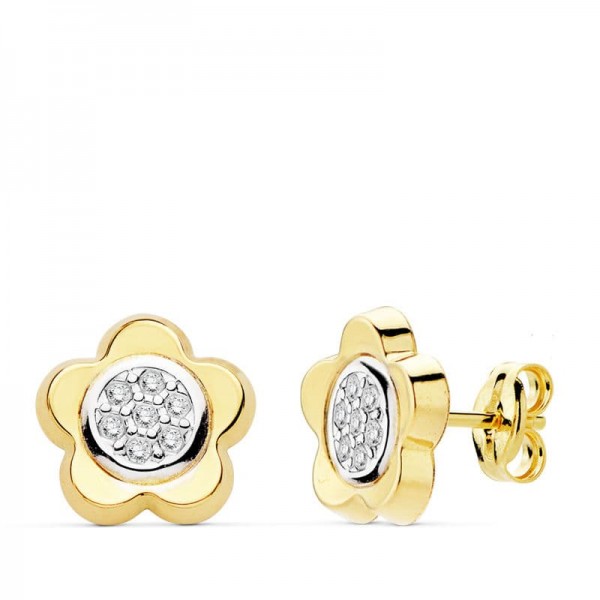 18K PENDIENTES ORO BICOLOR FLOR...