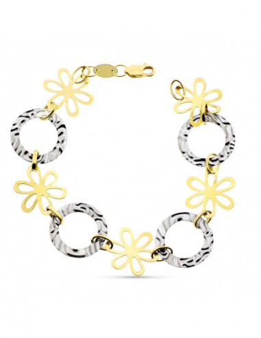 18K PULSERA ORO BICOLOR FLORES Y...