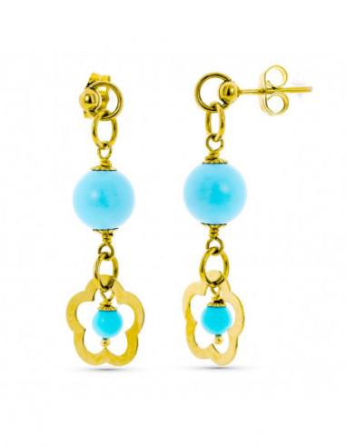 18K PENDIENTES LARGOS TURQUESA FLOR...