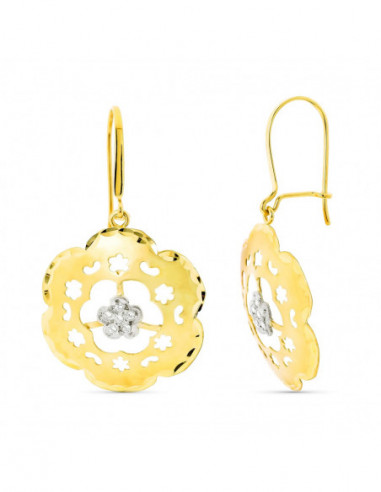 18K PENDIENTES ORO BICOLOR FLOR MATE...