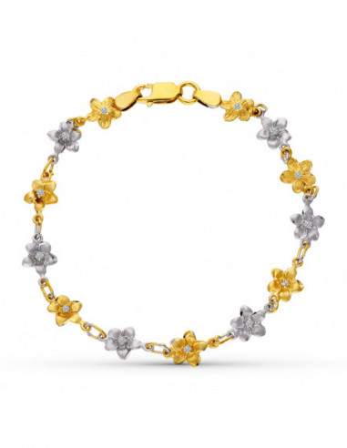 18K PULSERA ORO BICOLOR FLORES 18.5 CM