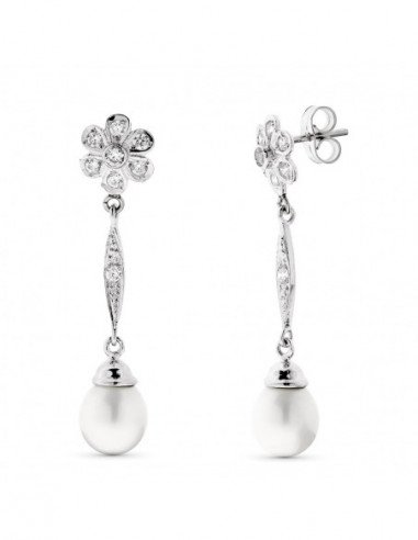 18K PENDIENTES PERLA Y FLOR ORO BLANCO