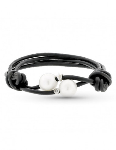 18K PULSERA CUERO PERLA Y DIAMANTES...