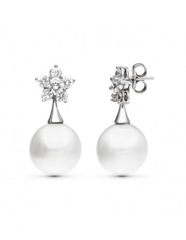 18K PENDIENTES ORO BLANCO FLOR...