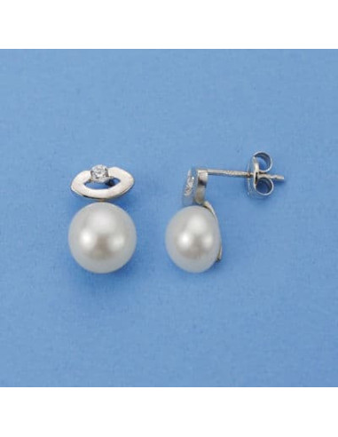 18K PENDIENTES PERLA CIRCONITAS 12X7 MM