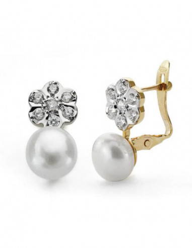 18K PENDIENTES PERLA 7 MM Y FLOR CATALAN