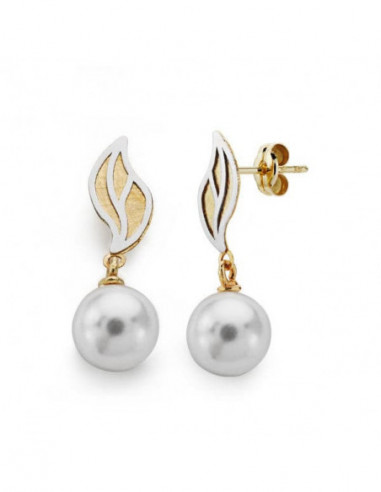18K PENDIENTES BICOLOR PERLA 22X8 MM