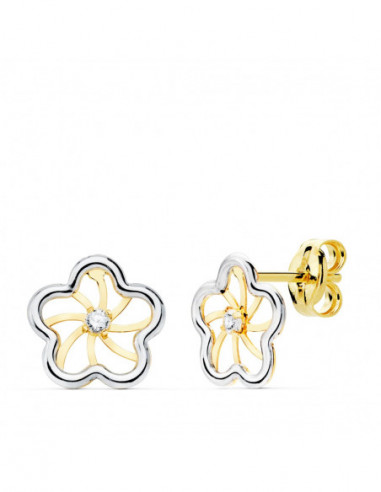18K PENDIENTES ORO BICOLOR FLOR Y...