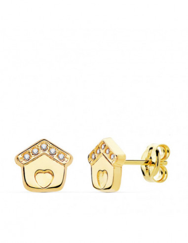 18K PENDIENTES CASITA CIRCONITAS 7X7 MM