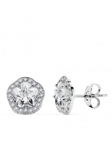 18K PENDIENTES ORO BLANCO FLOR Y...