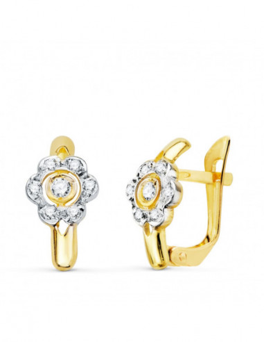 18K PENDIENTES ORO BICOLOR FLOR CON...