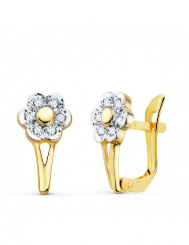 18K PENDIENTES ORO BICOLOR FLOR CON...