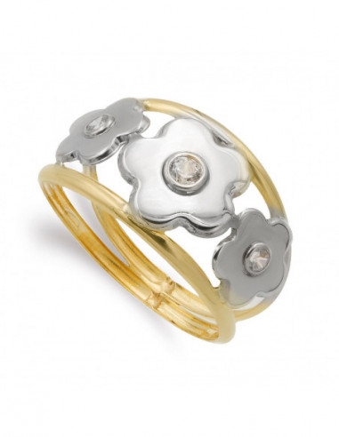 9K SORTIJA ORO BICOLOR CON FLORES Y...