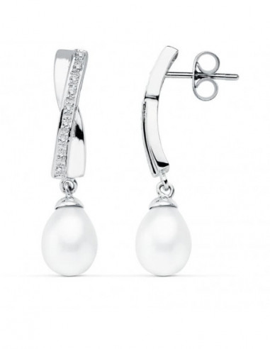 9K PENDIENTES ORO BLANCO PERLA 32X7 MM