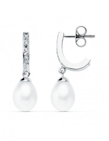 9K PENDIENTES ORO BLANCO PERLA 25X7 MM