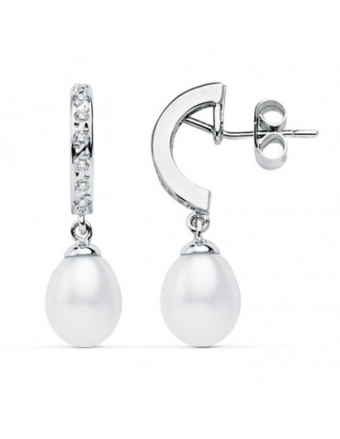 9K PENDIENTES ORO BLANCO PERLA 28X8 MM