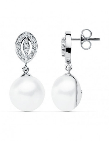 9K PENDIENTES ORO BLANCO PERLA 27X11 MM