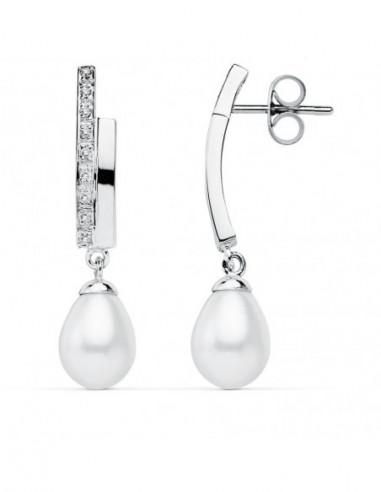 9K PENDIENTES ORO BLANCO PERLA 32X8 MM