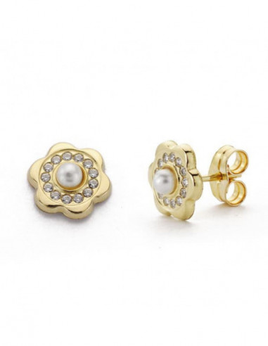 9K PENDIENTES FLOR Y PERLA 8X8 MM