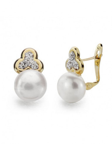 9K PENDIENTES TREBOL Y PERLA 16X9 MM