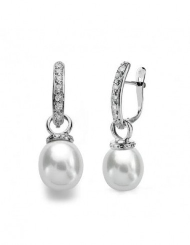 9K PENDIENTES ORO BLANCO PERLA 28X9 MM