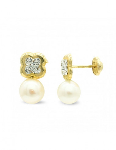 9K PENDIENTES FLOR Y PERLA 13X7 MM...