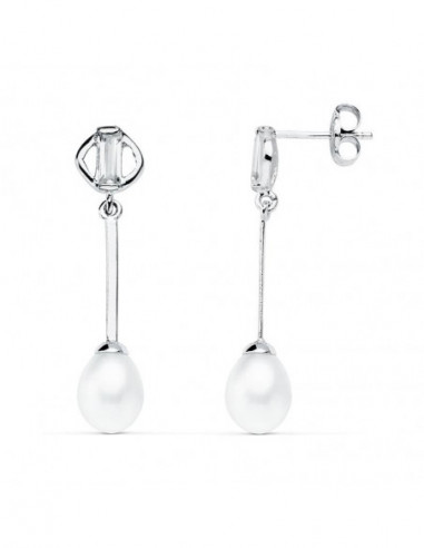 9K PENDIENTES LARGOS ORO BLANCO PERLA