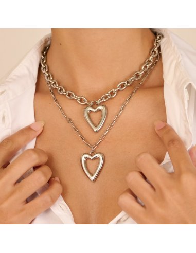 COLLAR MUJER HEARTS LARGO PLATEADO...