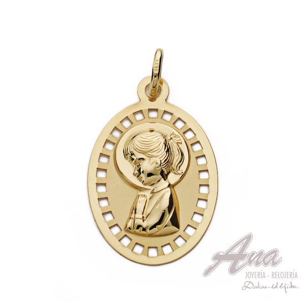 9K MEDALLA VIRGEN NIÑA CALADA 23X14 MM