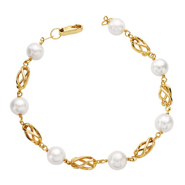 18K PULSERA PERLA Y JAULA 19.5 CM