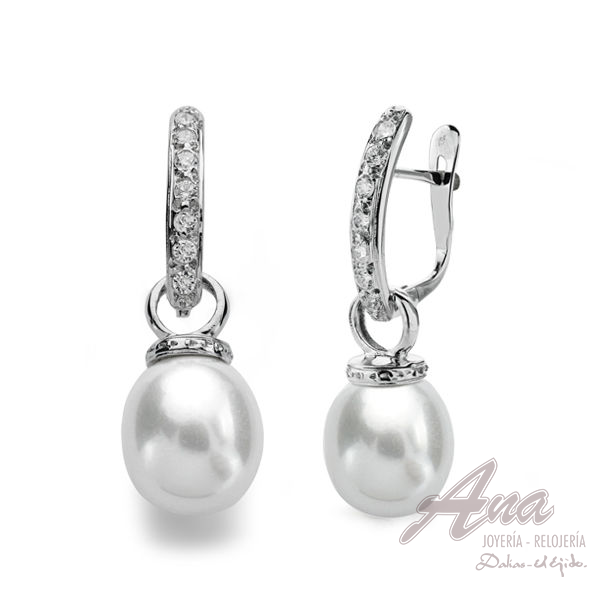 9K PENDIENTES ORO BLANCO PERLA 28X9 MM