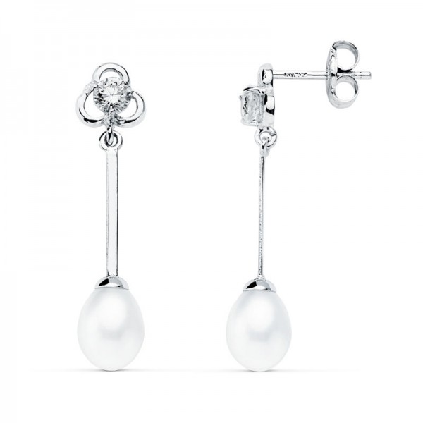9K PENDIENTES LARGOS ORO BLANCO PERLA