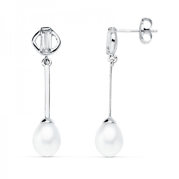 9K PENDIENTES LARGOS ORO BLANCO PERLA