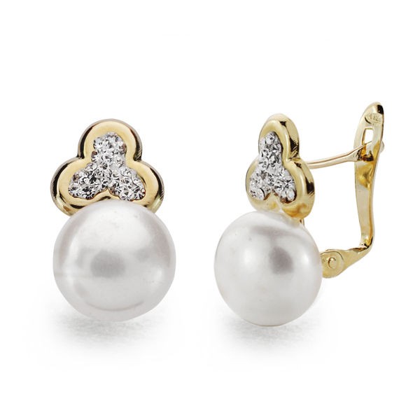 9K PENDIENTES TREBOL Y PERLA 16X9 MM