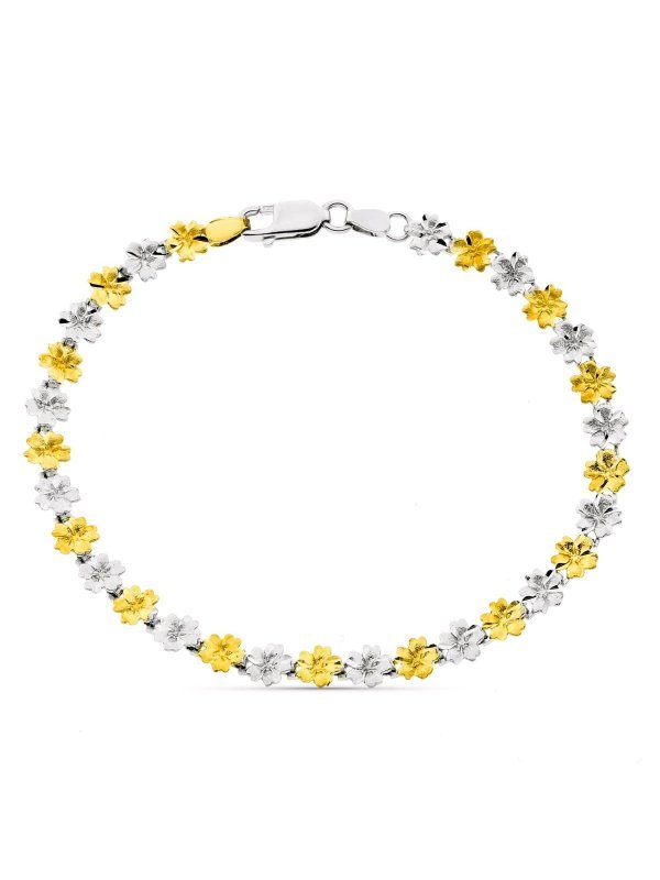 18K PULSERA BICOLOR FLORES ANCHO 6 MM...
