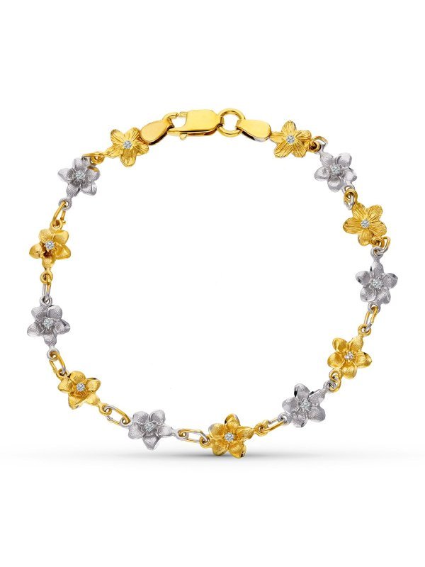 18K PULSERA ORO BICOLOR FLORES 18.5 CM