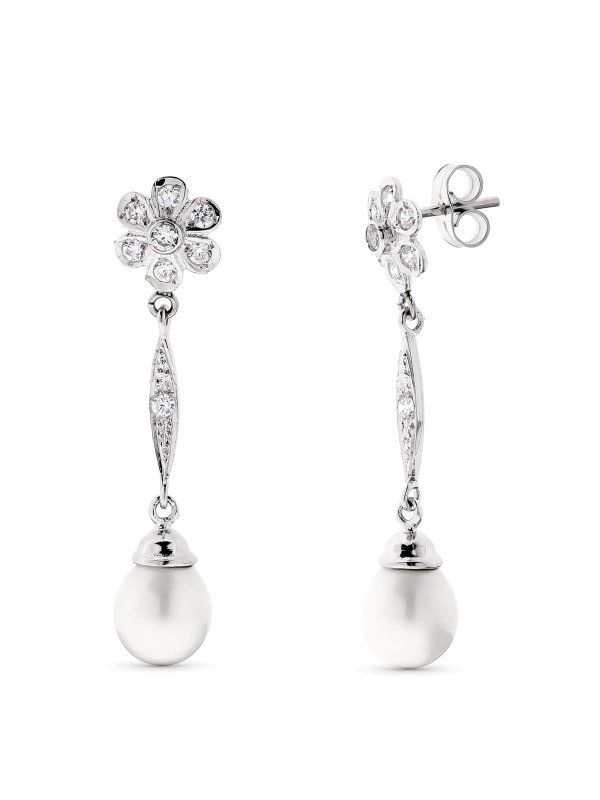 18K PENDIENTES PERLA Y FLOR ORO BLANCO