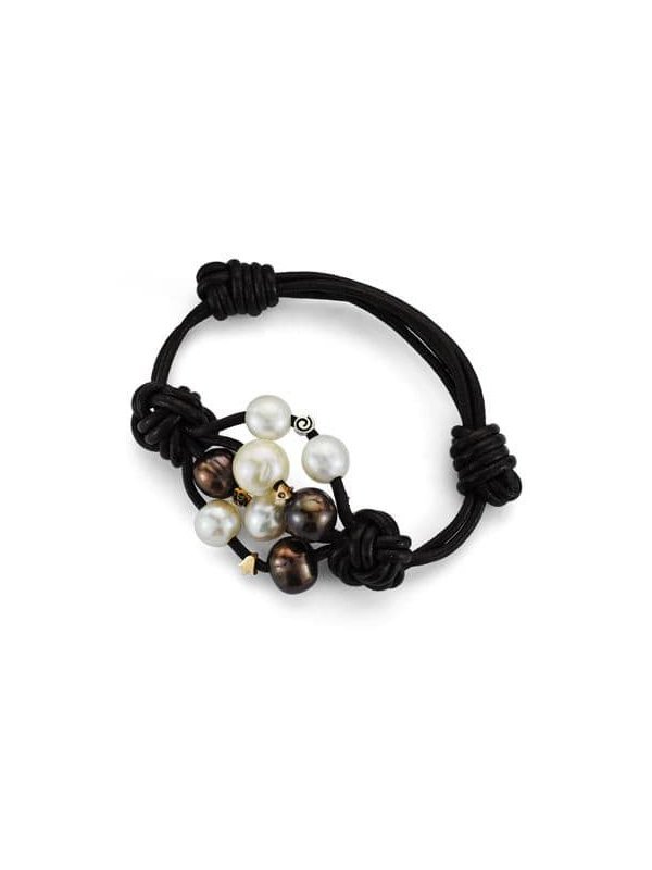 18K PULSERA CUERO PERLA Y DIAMANTES...