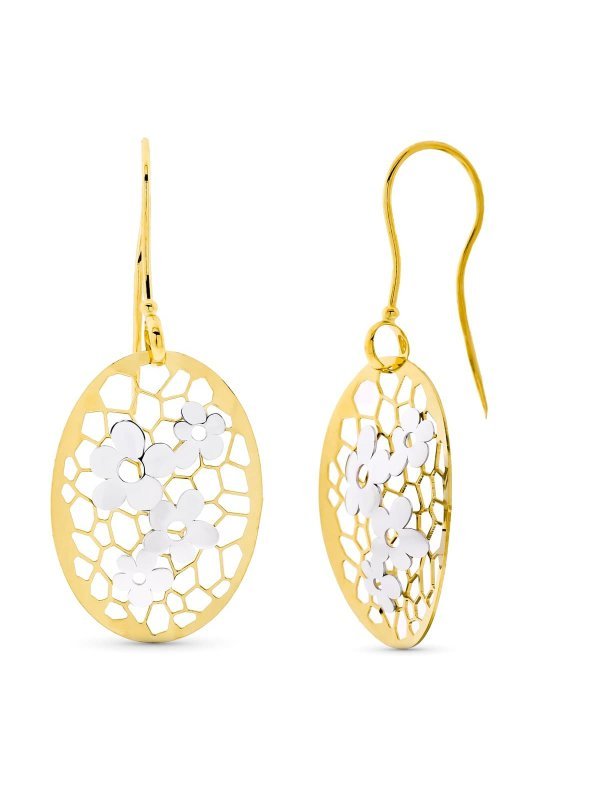 18K PENDIENTES ORO BICOLOR LARGOS FLOR
