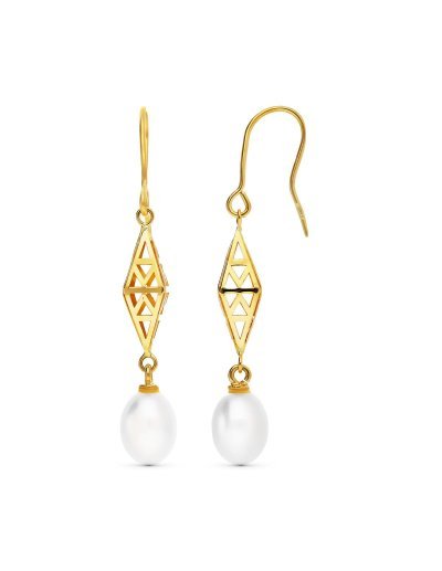18K PENDIENTES PERLA Y ROMBO