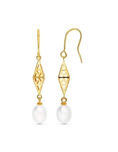 18K PENDIENTES PERLA Y ROMBO