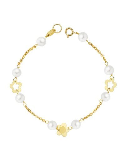 18K PULSERA PERLA Y FLORES...