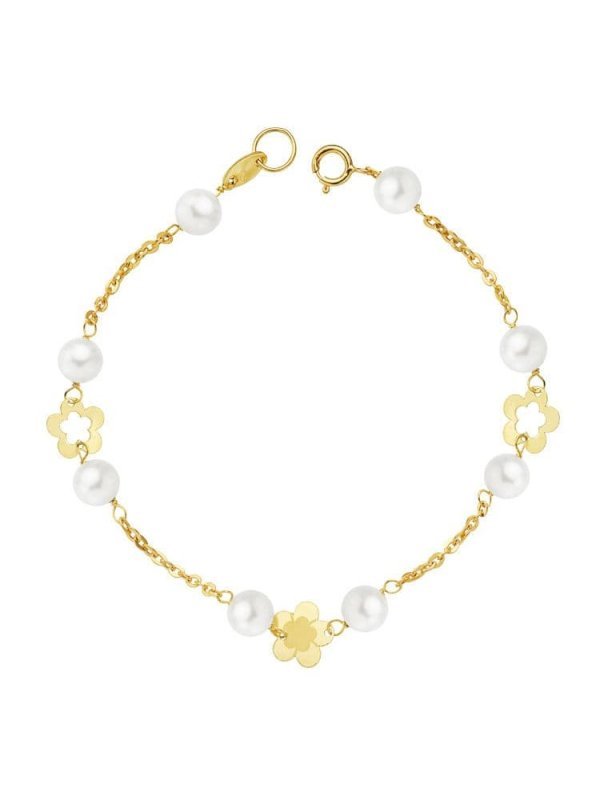 18K PULSERA PERLA Y FLORES 17 CM