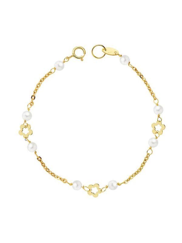 18K PULSERA PERLA 3.5 MM Y FLORES 15 CM