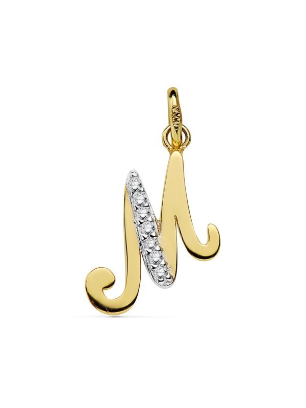 18K COLGANTE LETRA M CIRCONITAS 12X13 MM