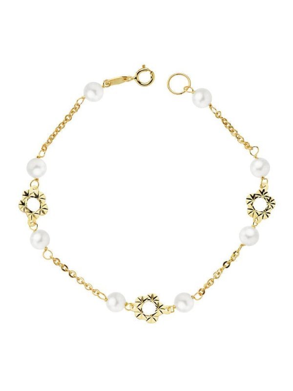 18K PULSERA FLOR Y PERLA 5 MM 18 CM