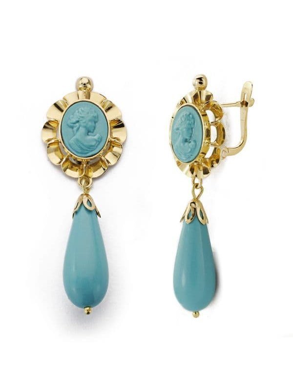 18K PENDIENTES CAMAFEO TURQUESA 43X14 MM